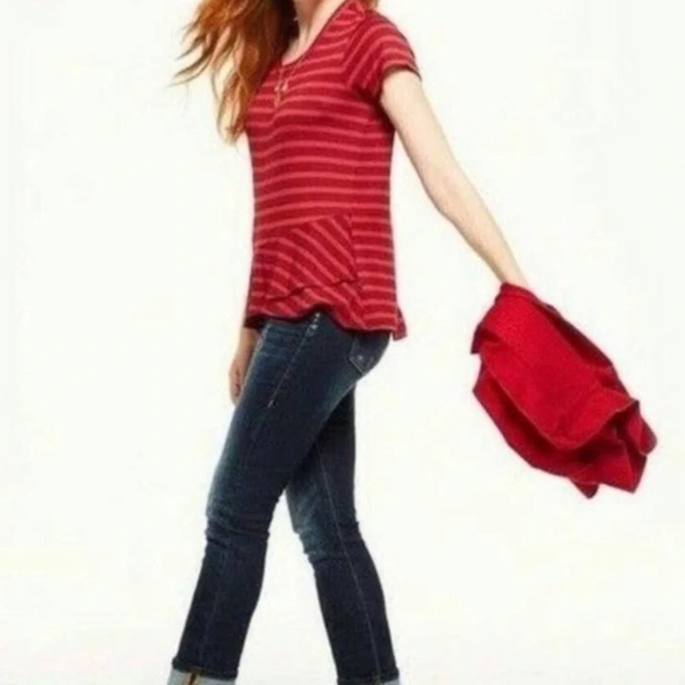 Cabi | Sweet Talk Tee Striped Ruffled Peplum Red Size XS - Picture 2 of 8
